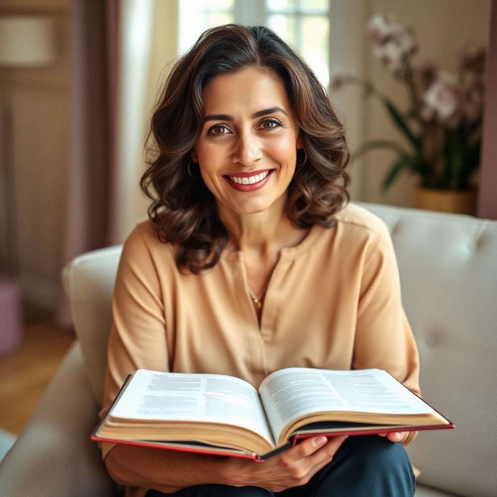 Autora dos devocionais do Daily Grace com uma Bíblia aberta