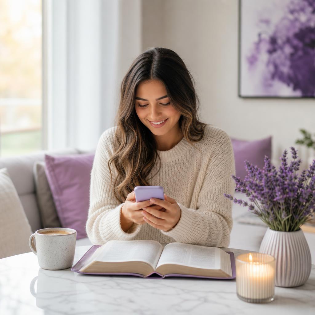 Mulher jovem em ambiente moderno lendo o devocional no celular com a Bíblia aberta