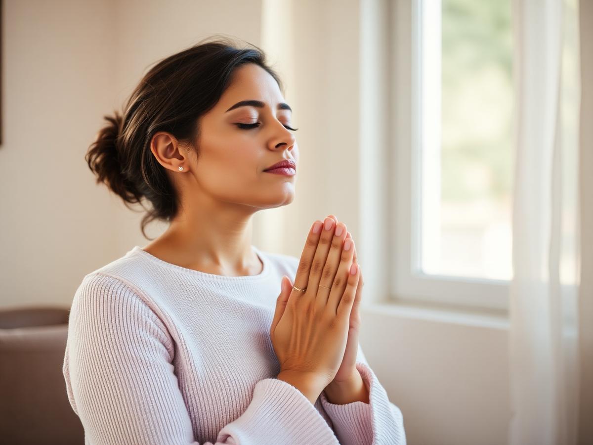 Mulher orando em silêncio perto da janela